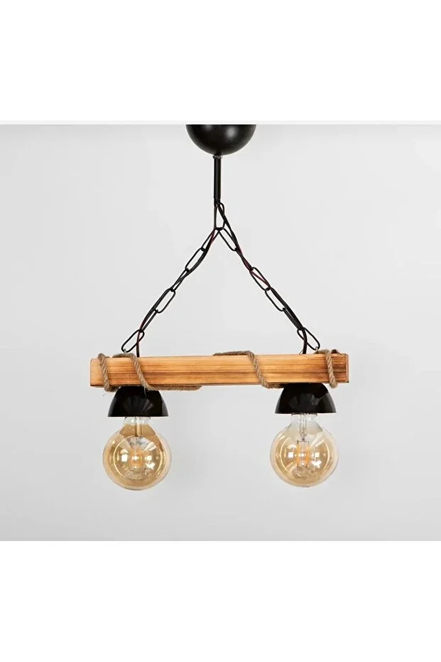 Doğal Ahşap 2'li Rustik Tasarım Dekoratif Şapkalı Halatlı Avize, Şık ve Sıcak Atmosfer